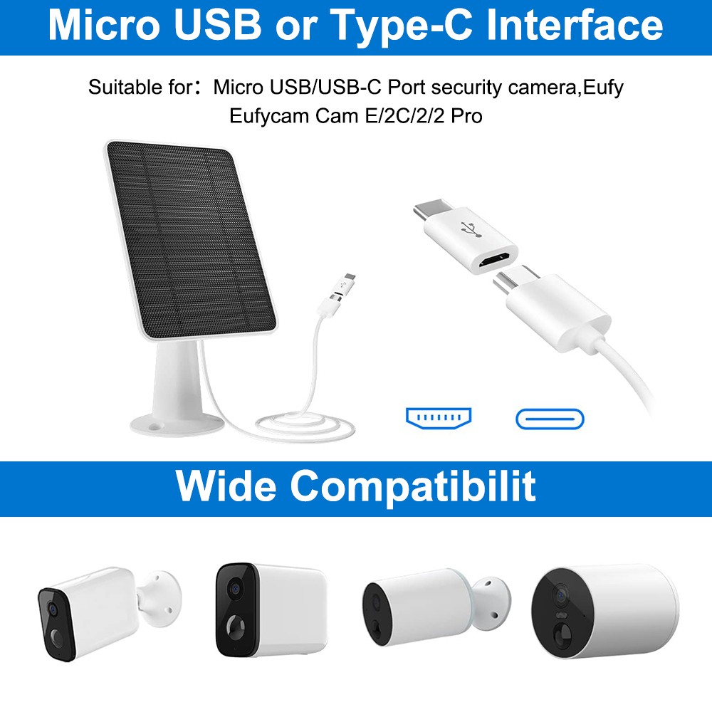 10W Solar Panel fr Eufy Cam Eufycam E/2C/E/2 Pro CCTV IP Camera Micro USB Type-C