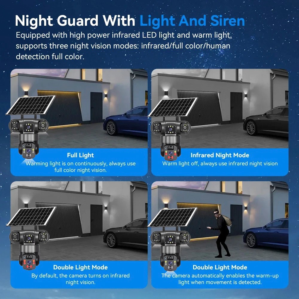 4K Solar Security Camera Wireless Outdoor 3-Lens 360° PTZ WiFi Night Vision Cam