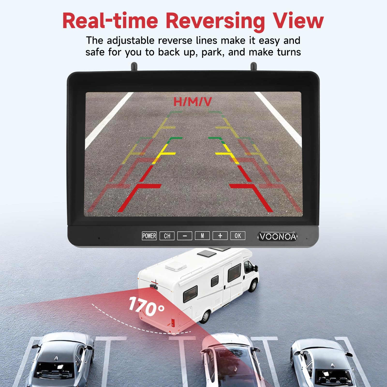 Wireless RV Backup Camera System, 9″ 1080P DVR Monitor with 45*11*28CM, black
