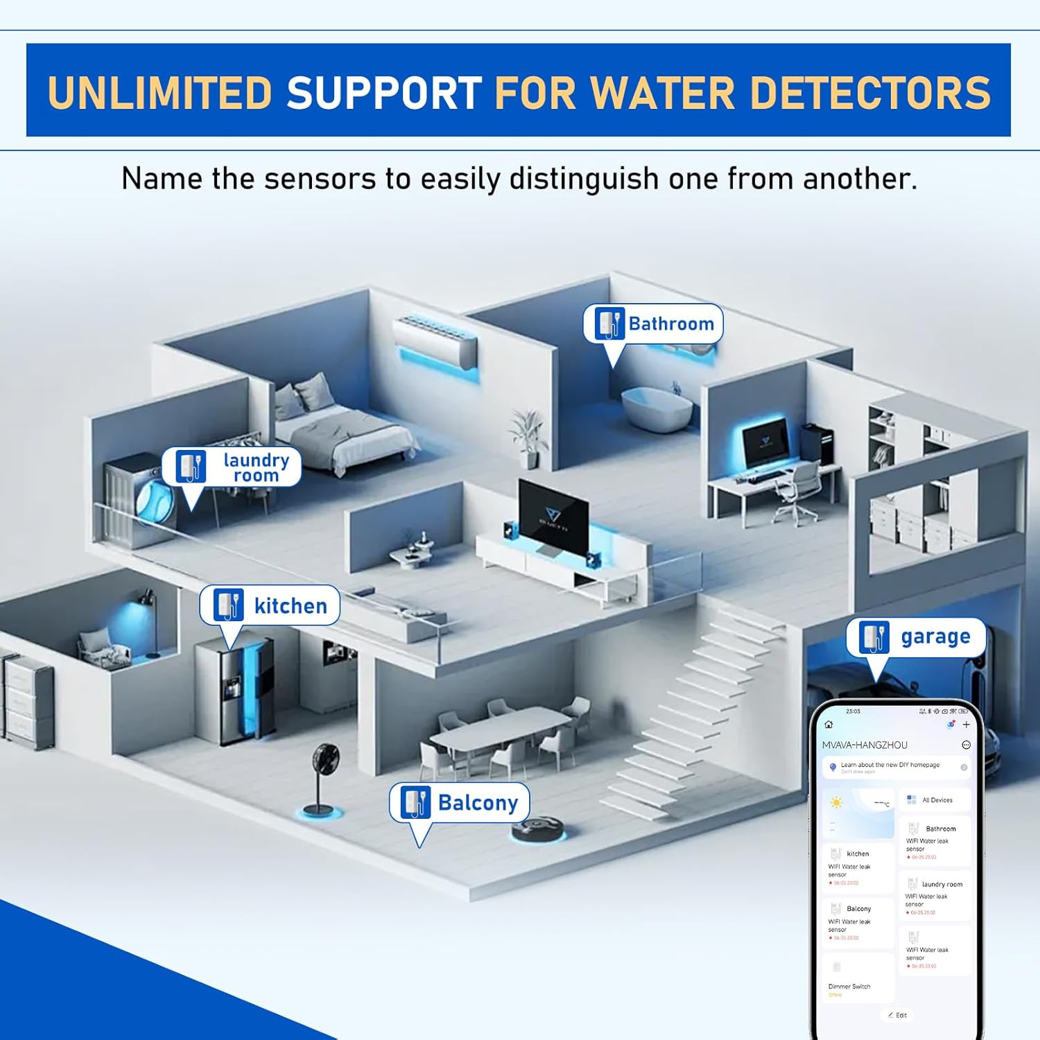 BSEED Wifi Water Leak Detector, Smart Water Sensor with Cable, 85Db Audio/App/Sm