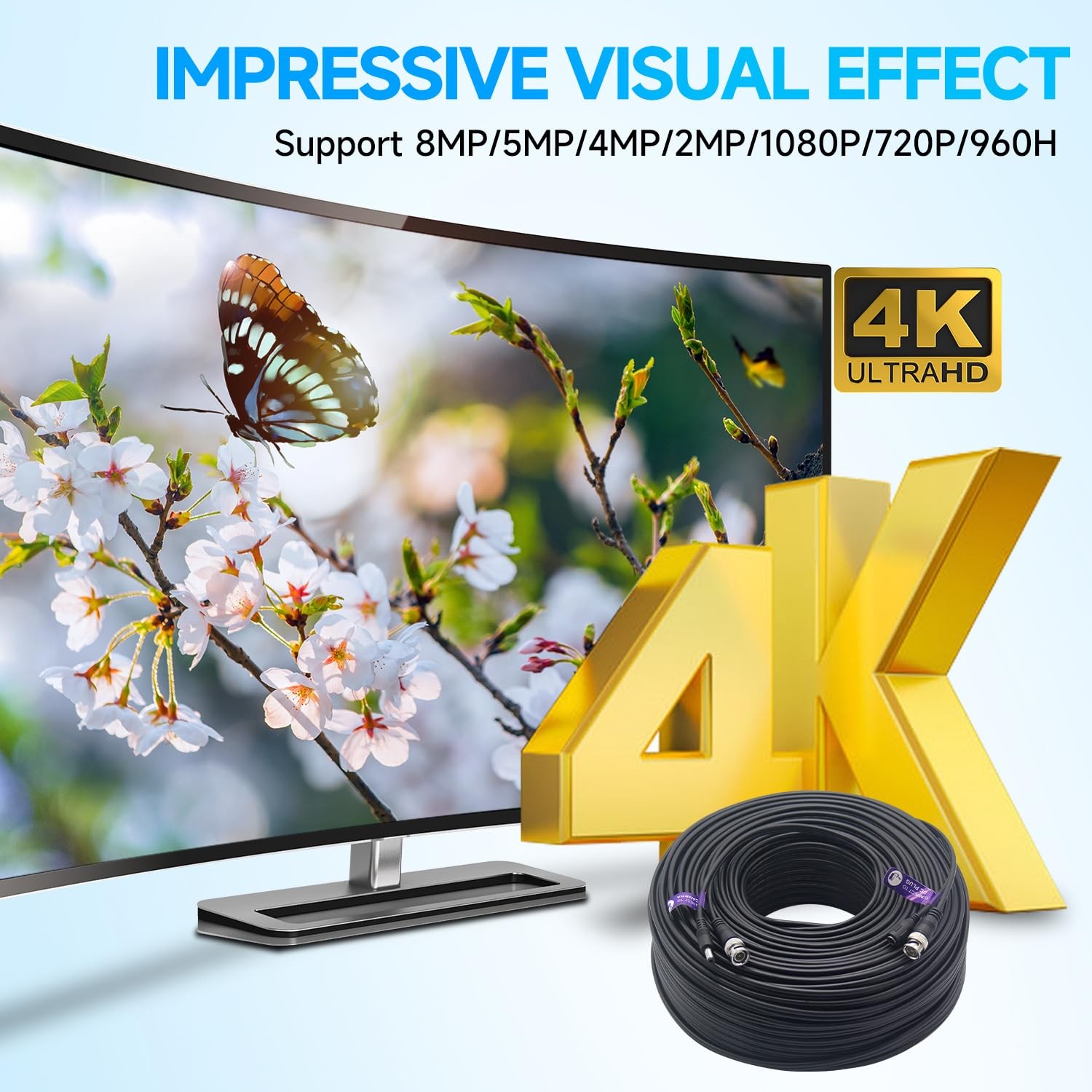 300Ft (91 Meters) 4K 8MP 5MP 2MP 1080P BNC Video and Power Cable, Mini RG59 W…