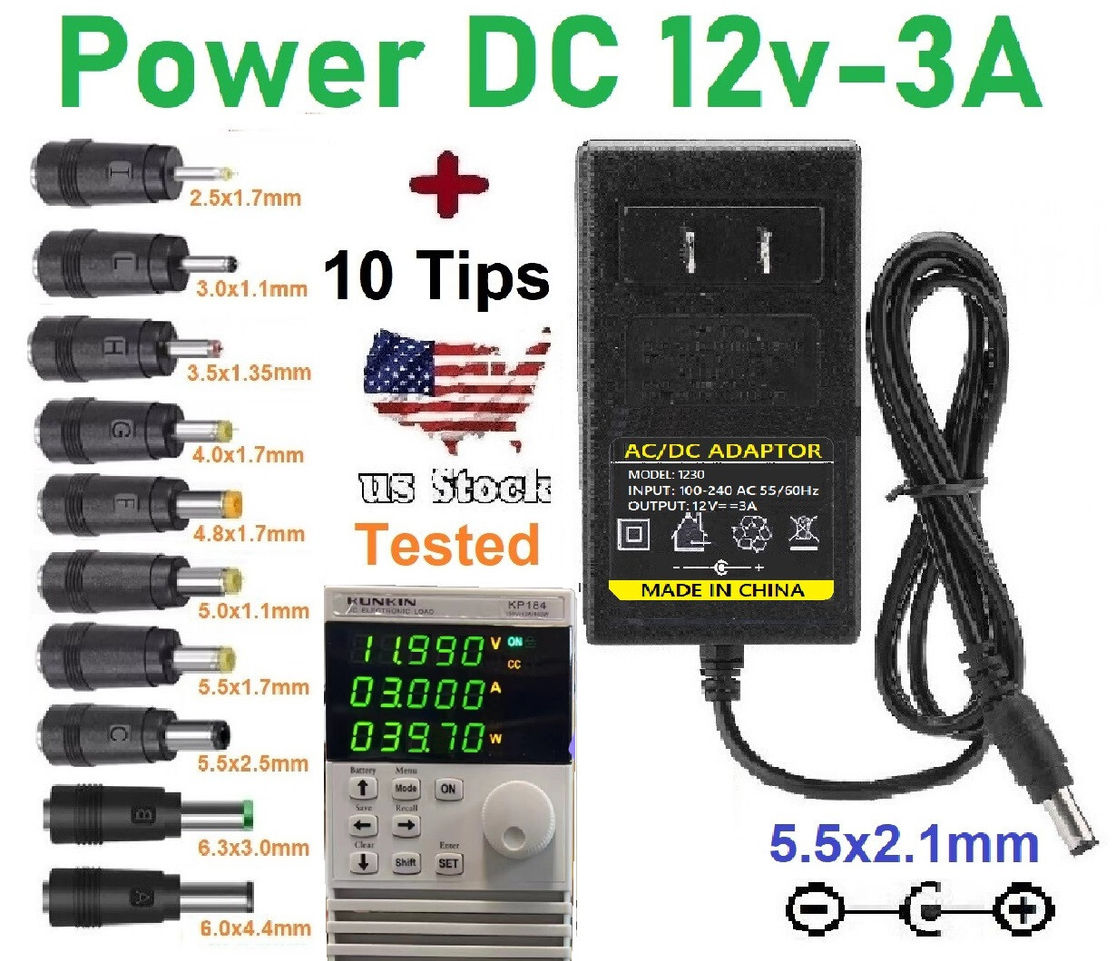 12V 3A AC/DC Adapter Power Supply Charger with 5.5×2.1mm +10 DC Power Plug Tips