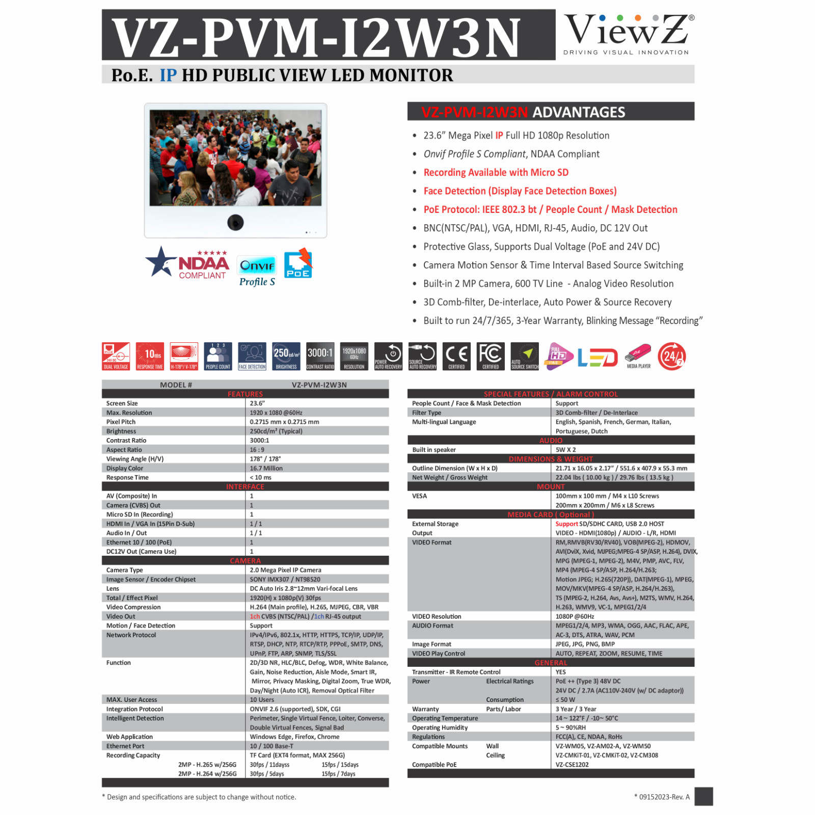 ViewZ VZ-PVM-I2W3N 23″ 1920×1080 IP PVM Based CCTV Monitor w 2MP Camera White OB
