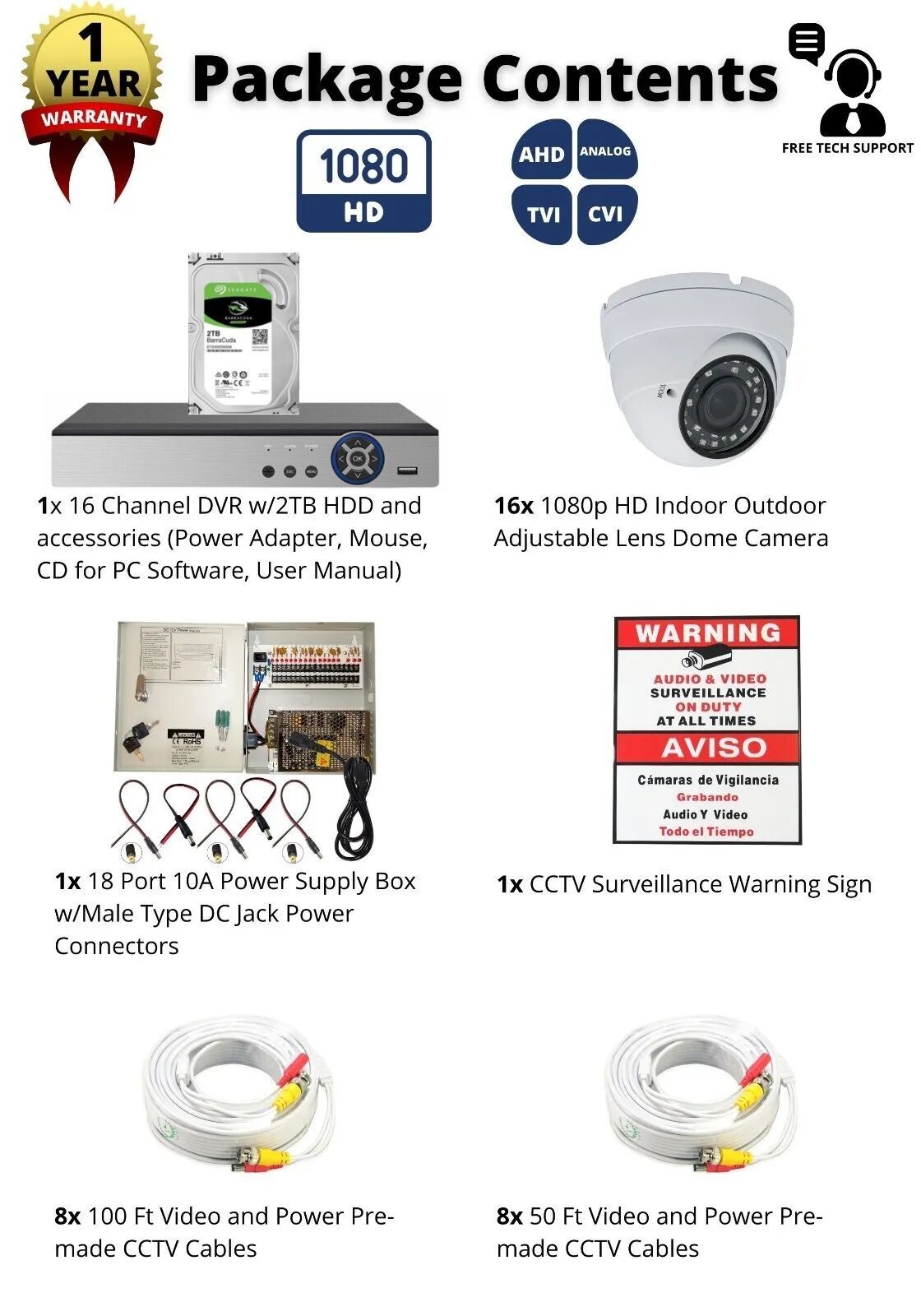 16 Channel 1080P HD Dome Security Camera System 2TB Memory for Recording