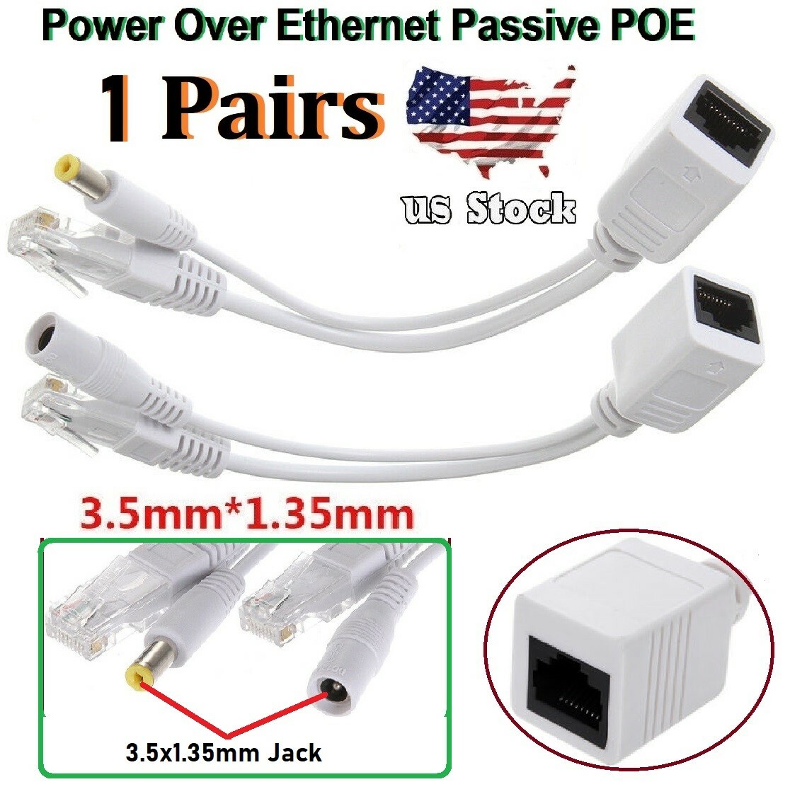 Power over Ethernet Passive PoE Adapter Injector + Splitter Kit 5-48V 3.5×1.35mm
