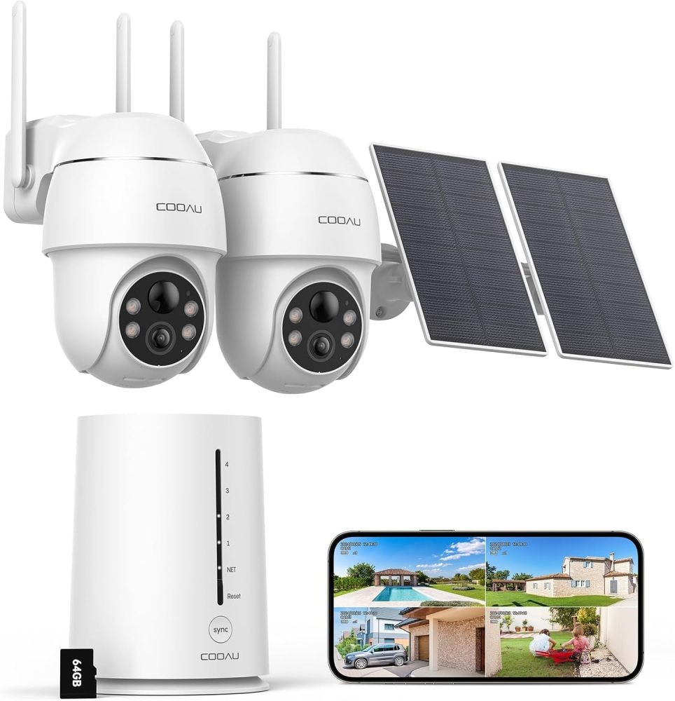 COOAU 2 Camera Solar Security System Wireless Outdoor 4MP, PTZ Night Vision
