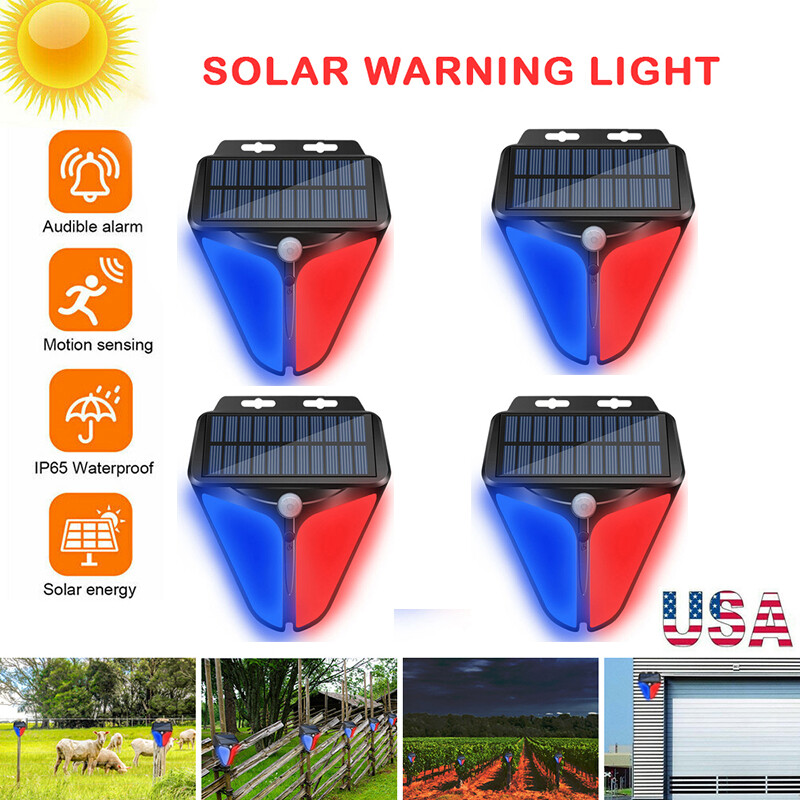 Solar Alarm Strobe Light Lamp Motion Sensor Waterproof Sound Security Outdoor US
