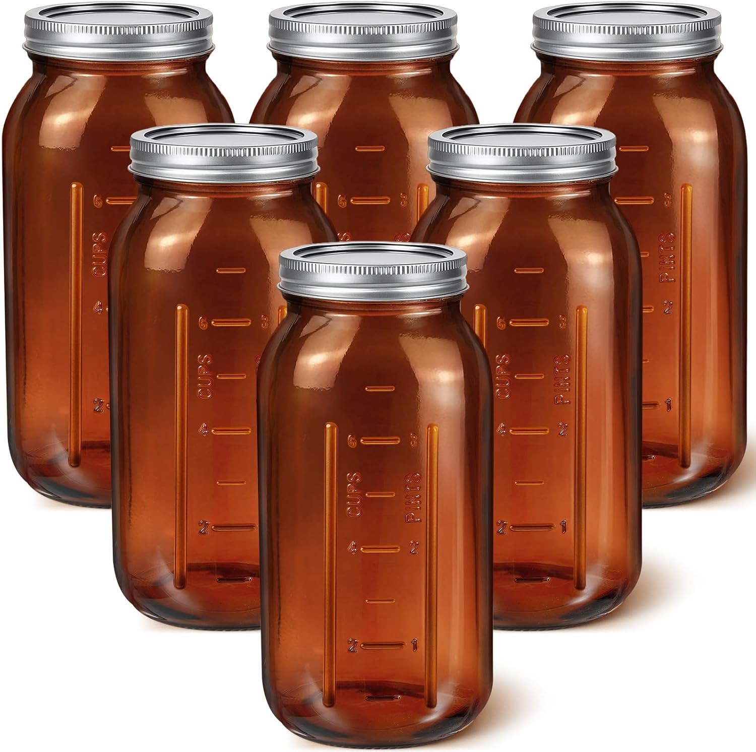 6 Pcs 64 oz Glass Mason Jars Canning Container Amber