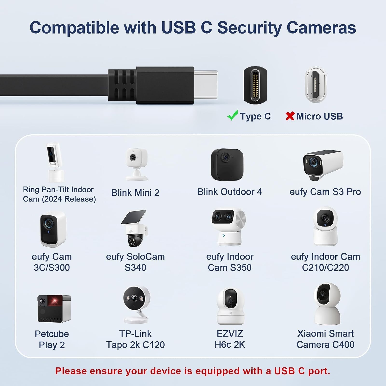 30FT USB A to USB C Security Camera Power Cable – 2 Pack