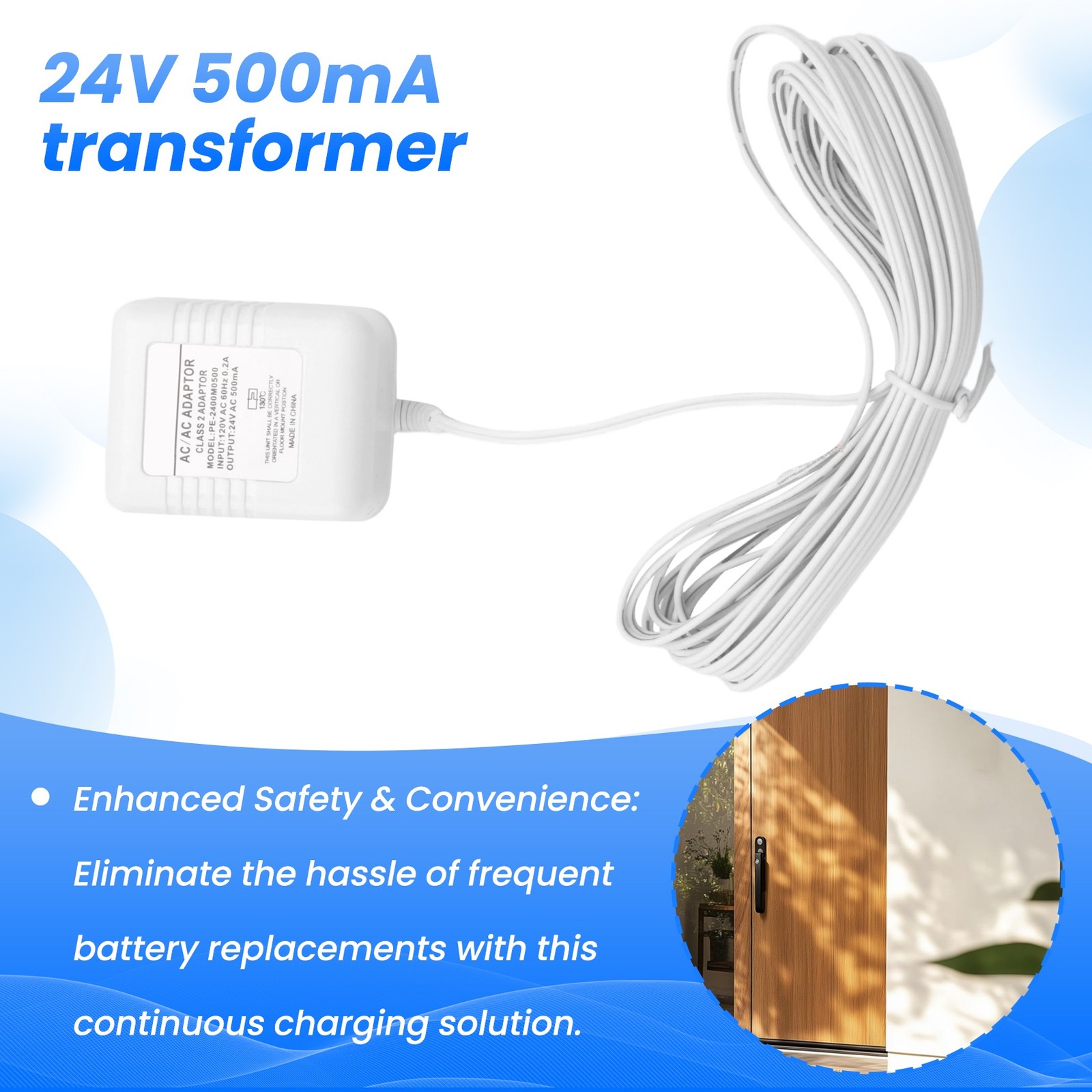 Doorbell Transformer 24V Adapter for Video Doorbell, 16.4ft Long C Wire 2699