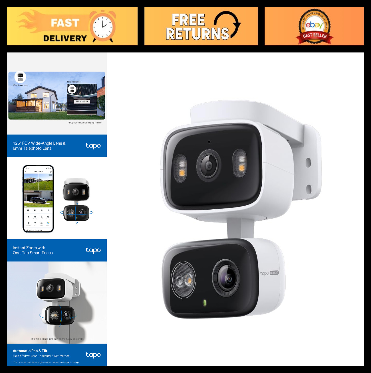 2K Indoor/Outdoor Dual Lens Pan/Tilt Security Camera – 125° Wide-Angle, Zoom, Mo