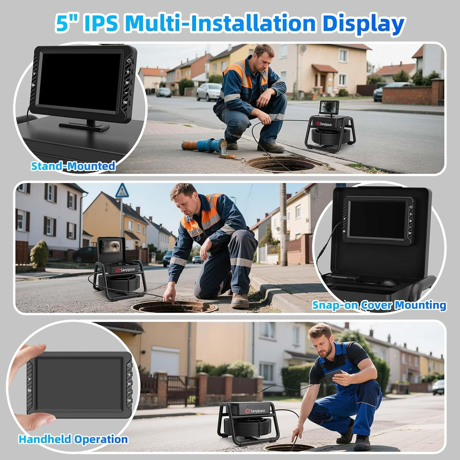 100FT Sewer Camera, 5″ HD Display, 8 LED Lights, Waterproof, 32GB Card