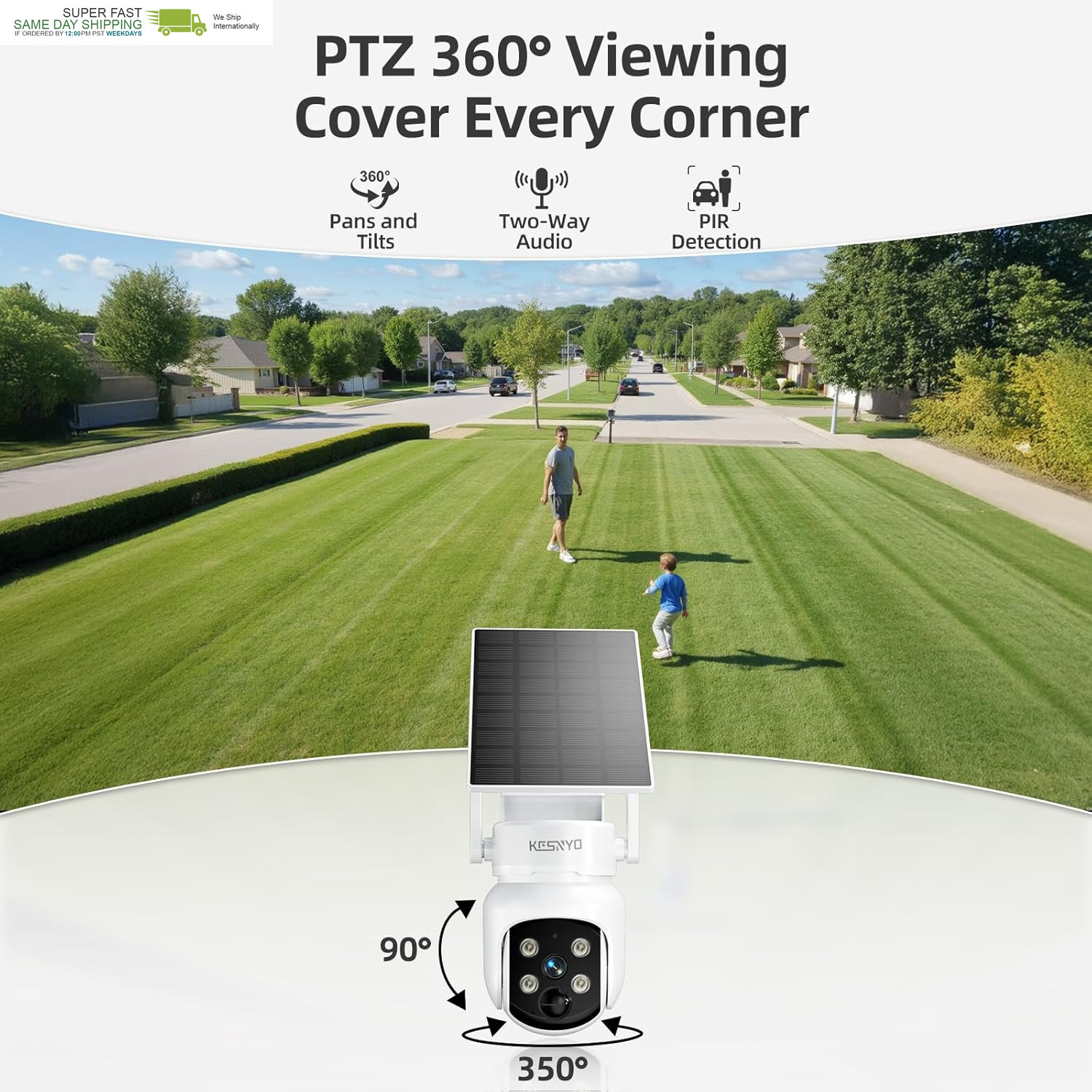 4MP Solar Powered, 4 Cam Kit, Color Night Vision, 360° PTZ, 500G HDD Local Reco