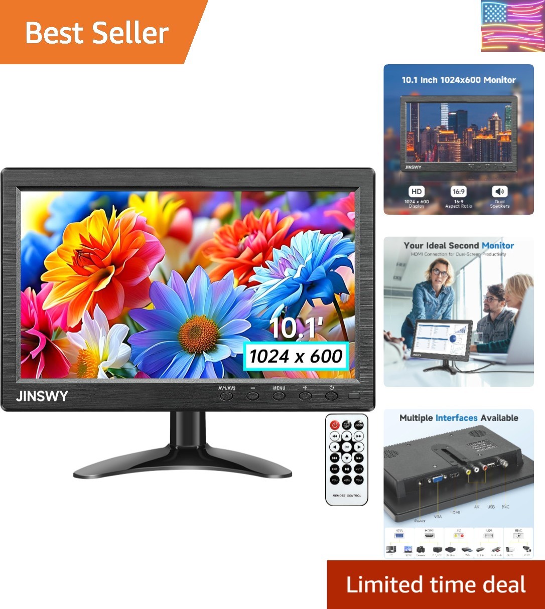 10.1″ Security Monitor, 1024×600 HD Display, HDMI VGA BNC AV USB Ports, Small…