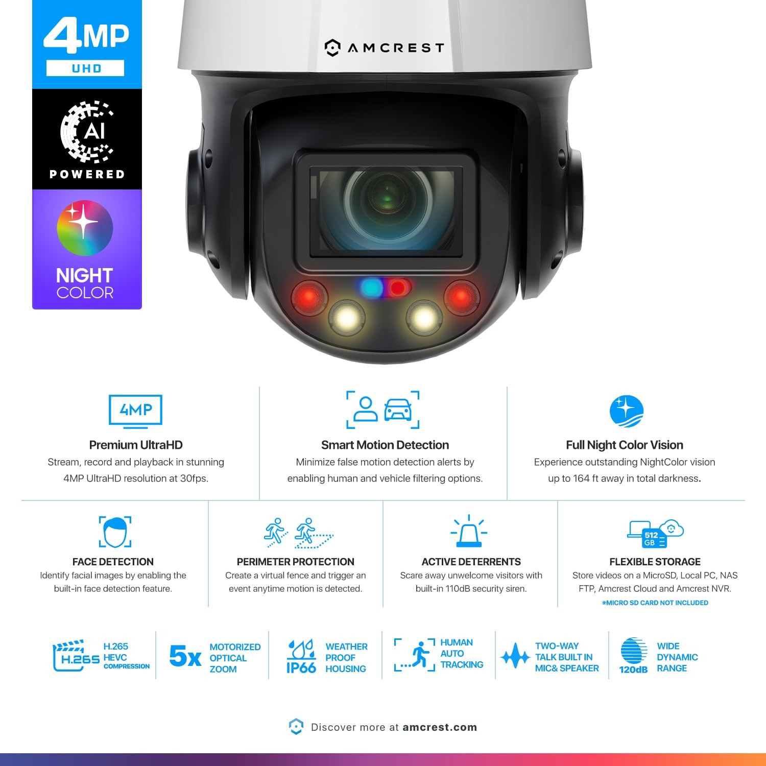 Amcrest 4MP Outdoor PTZ POE + AI IP Camera Pan 1 Count (Pack of 1), White