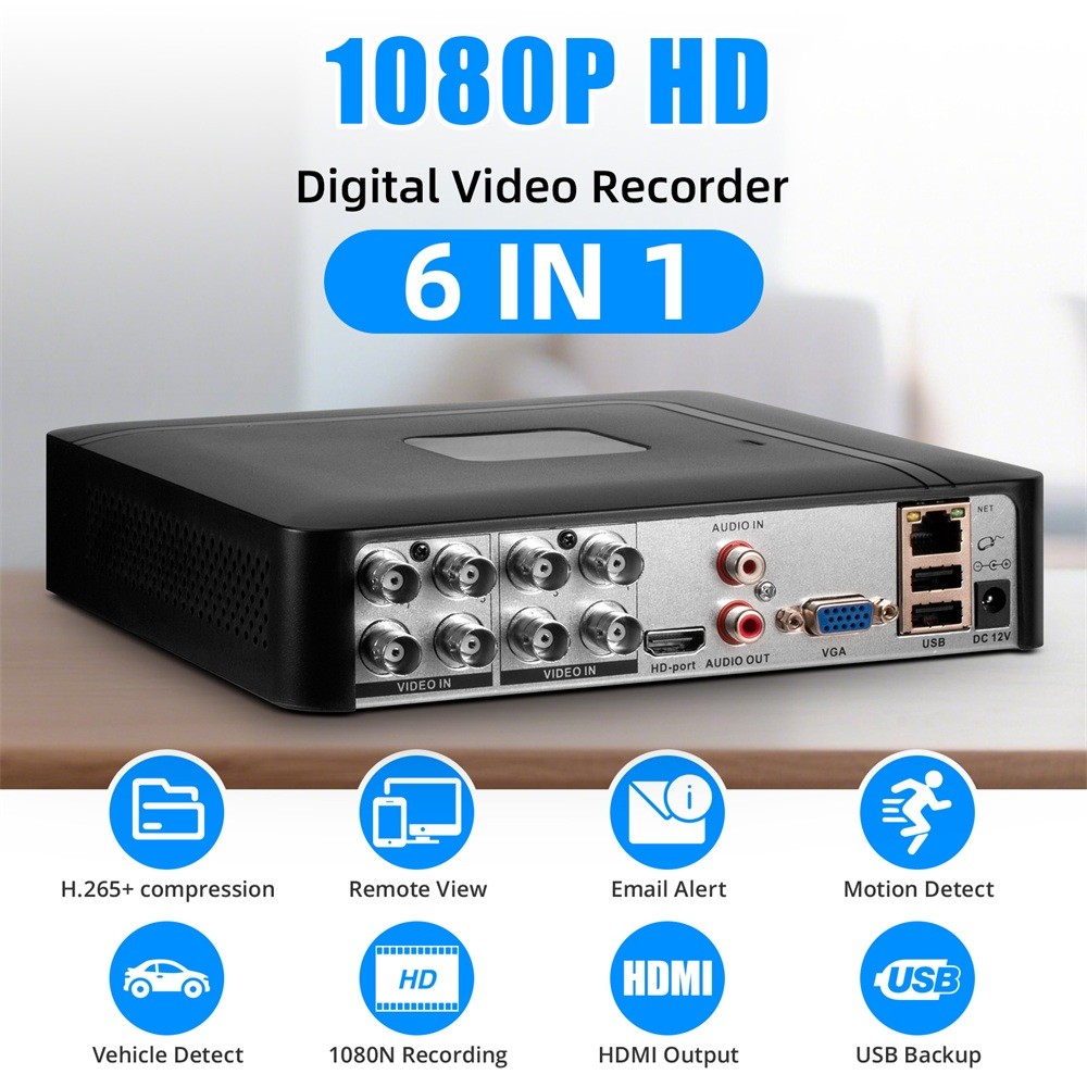 6 IN 1 8CH DVR H.265+ 1080P CCTV Recorder Support AHD TVI CVI CVB IP Camera
