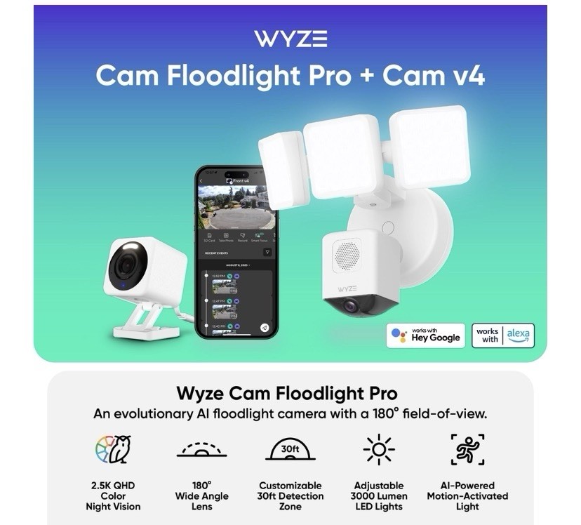 Wyze Wired 2.5k Floodlight Pro and Indoor Outdoor Security Camera V4 Bundle