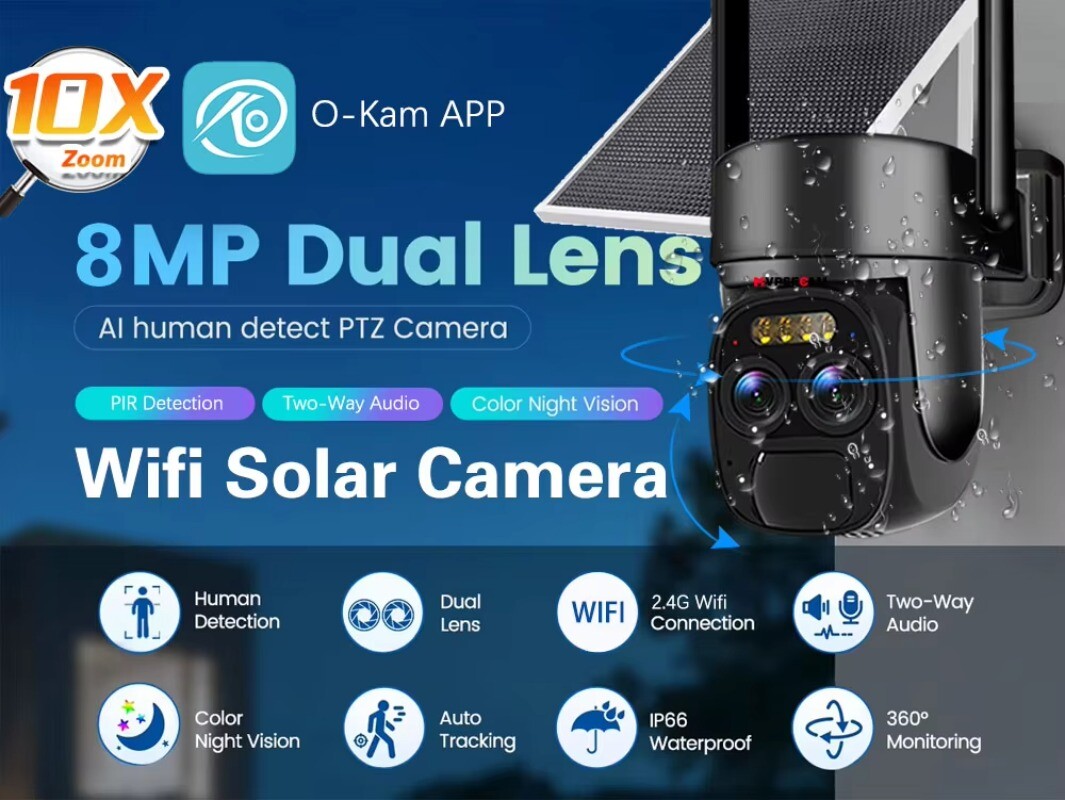 4K 8MP WIFI Solar Panel Camera Outdoor Audio Color Night Vision Security Camera