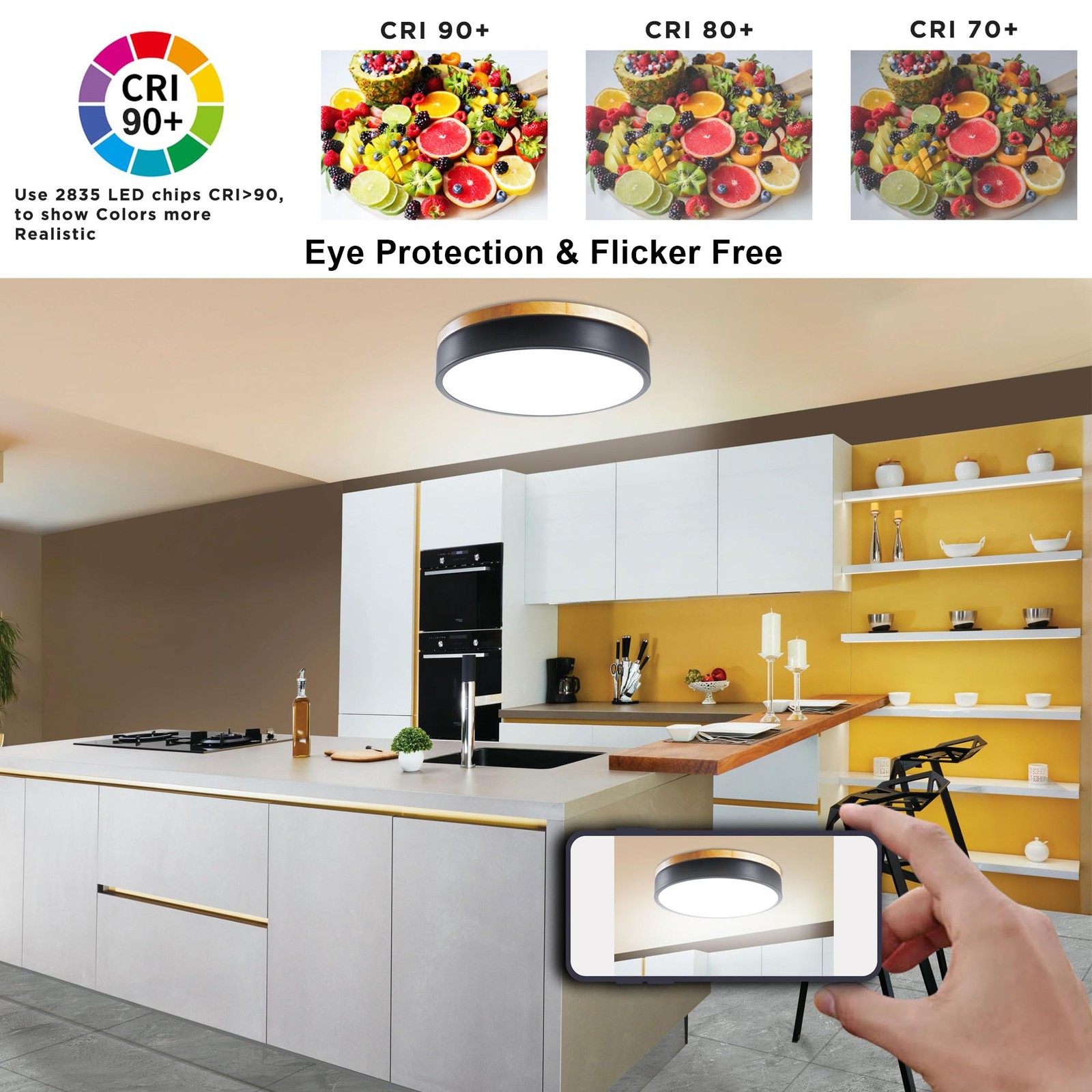 Dimmable LED Wood Flush Mount Ceiling Light Type B 5CCT, Black
