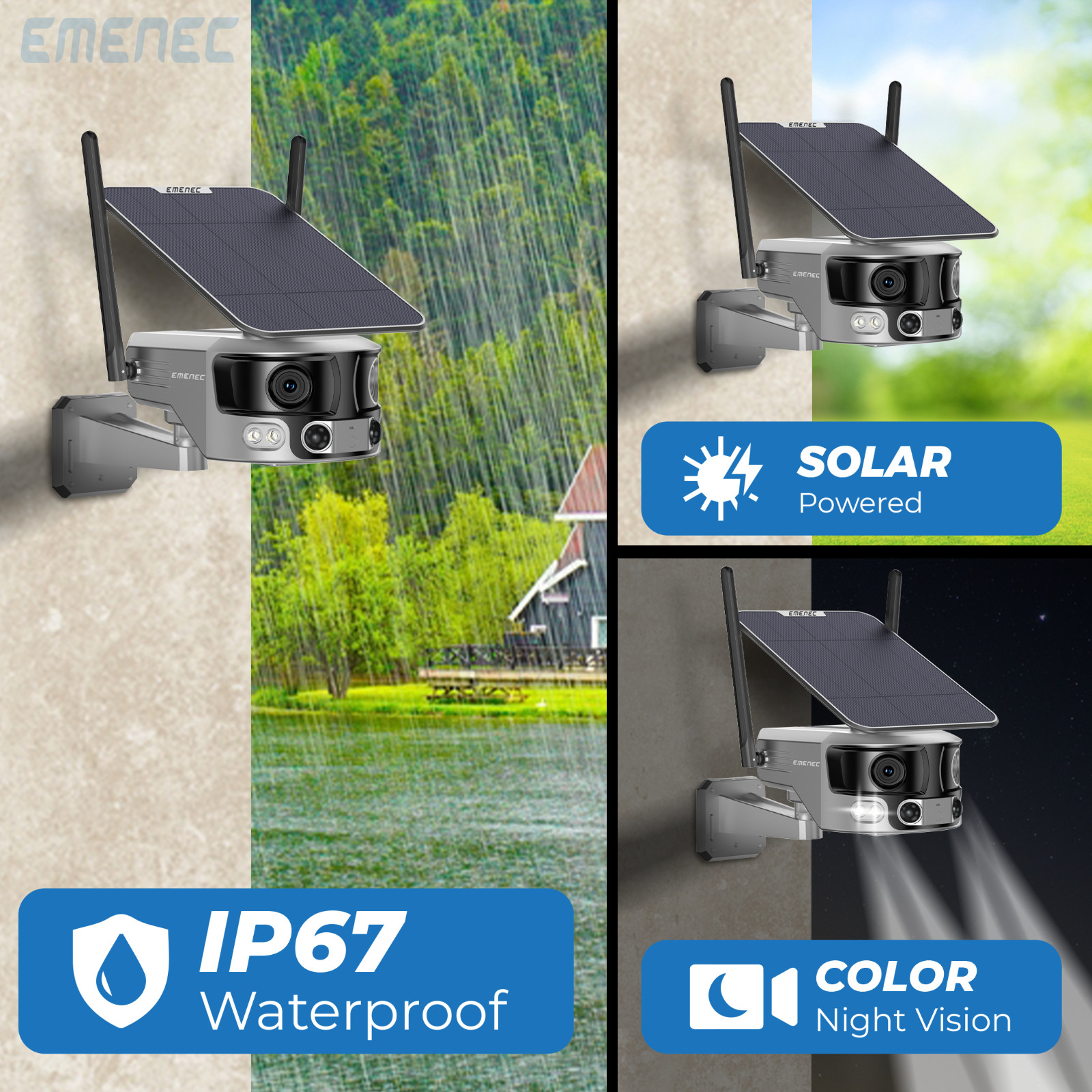 Solar Security Camera Outdoor WiFi Dual Lens 180° 4K IP65 – EMENEC ESK-180