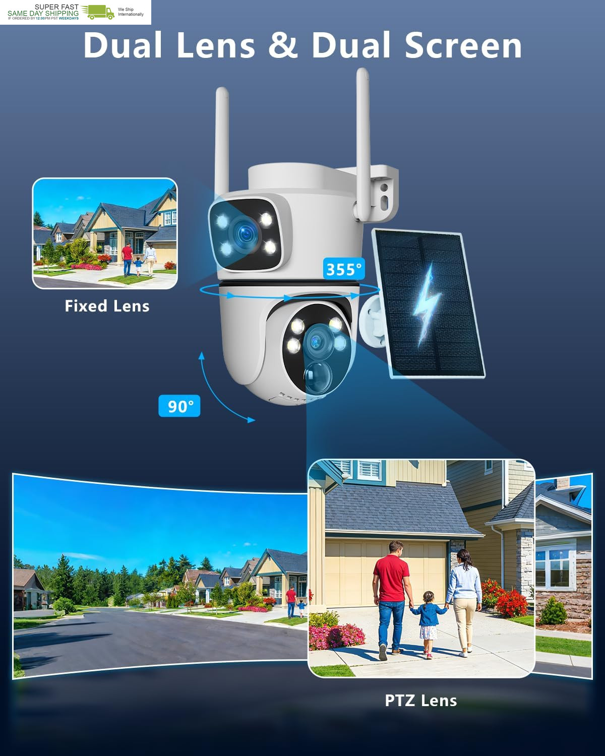 130° Wide View, AI Human Detection, 2.4/5.8Ghz Dual-Band Wifi, Solar Powered, Fr