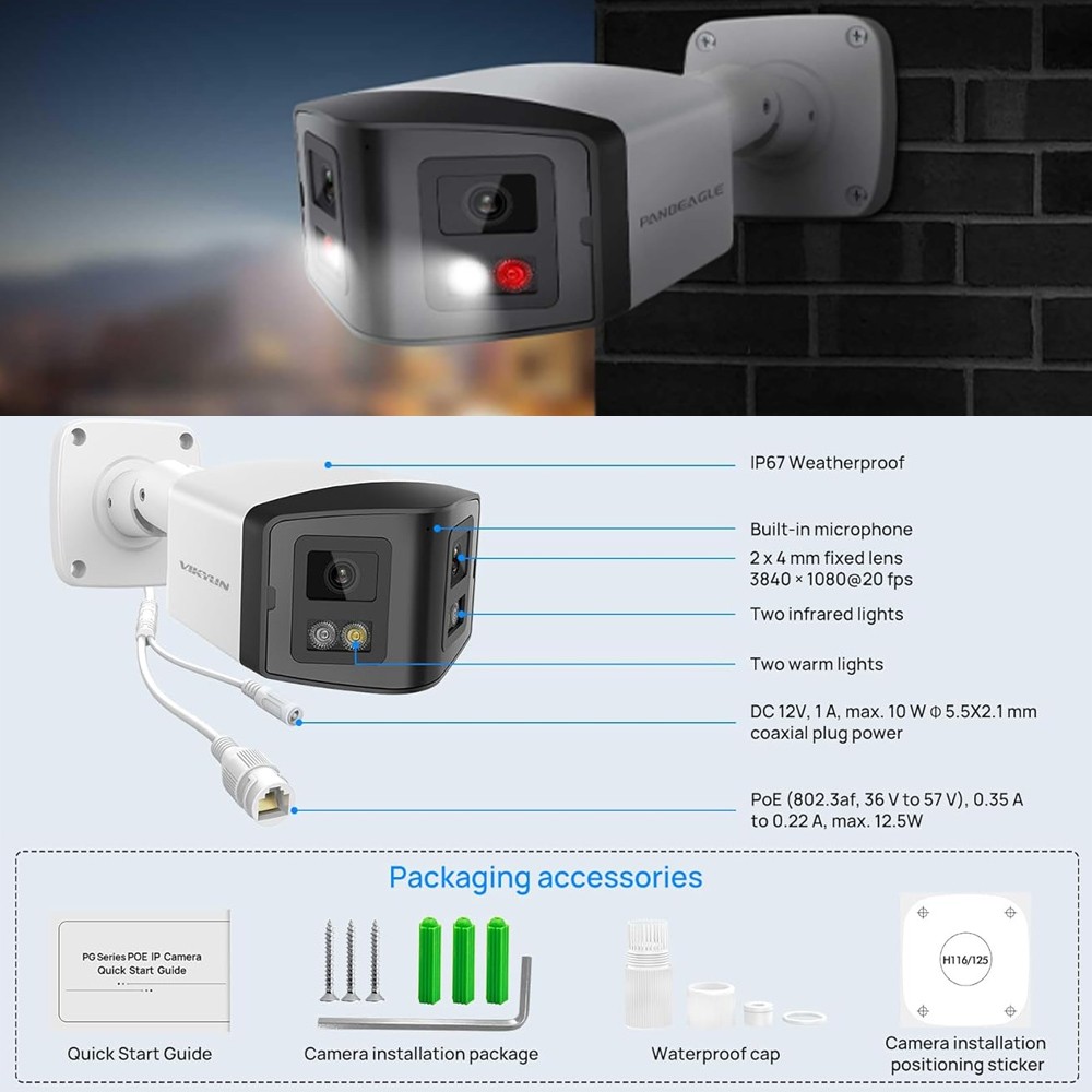 Vikylin 4K 180° Wired Dual Lens IP Camera Full Color Motion Detection 2Way Audio