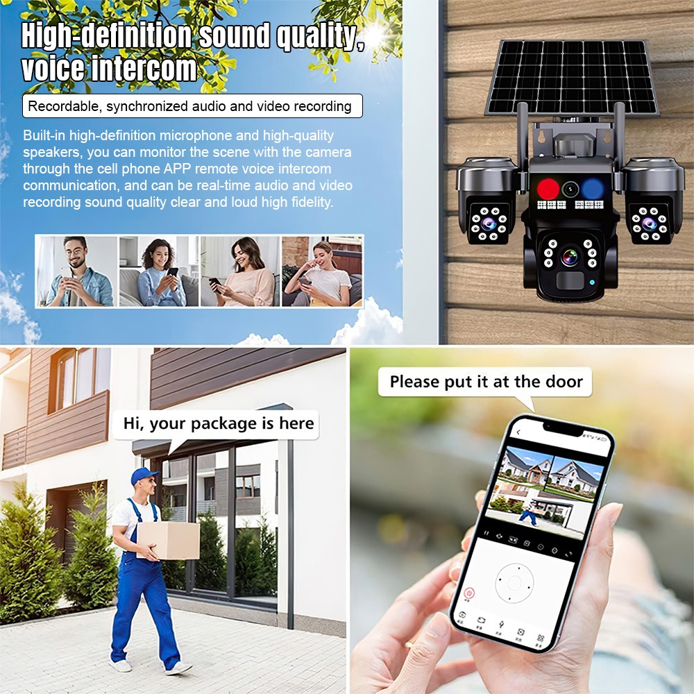 9MP WiFi Solar Security Camera 360° 4K Wireless 3Lens-PTZ Surveillance Camera