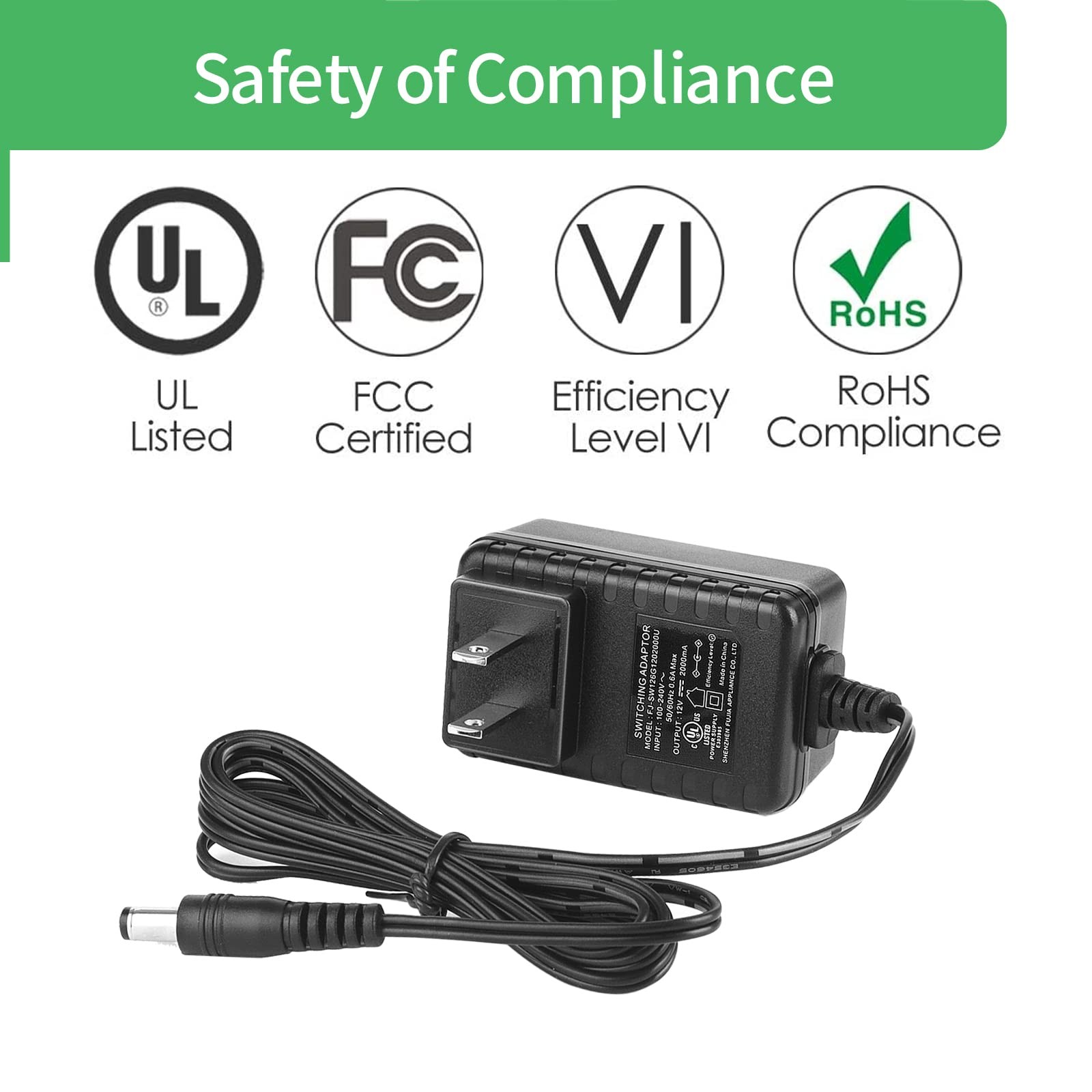 12V 2A Security Camera Power Supply, 1-Pack + Splitter, Black