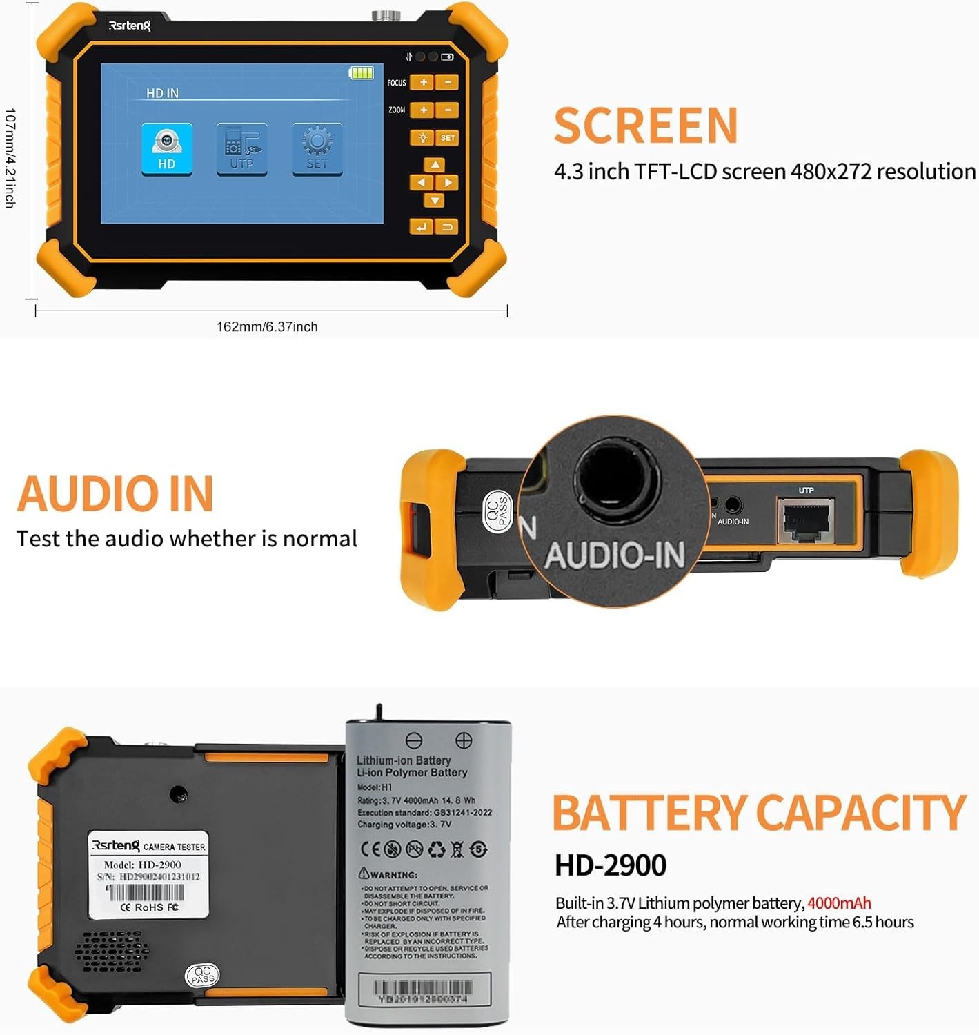 4.3 Inch CCTV Camera Tester 4K 8MP TVI CVI AHD CVBS PTZ RS485 Monitor