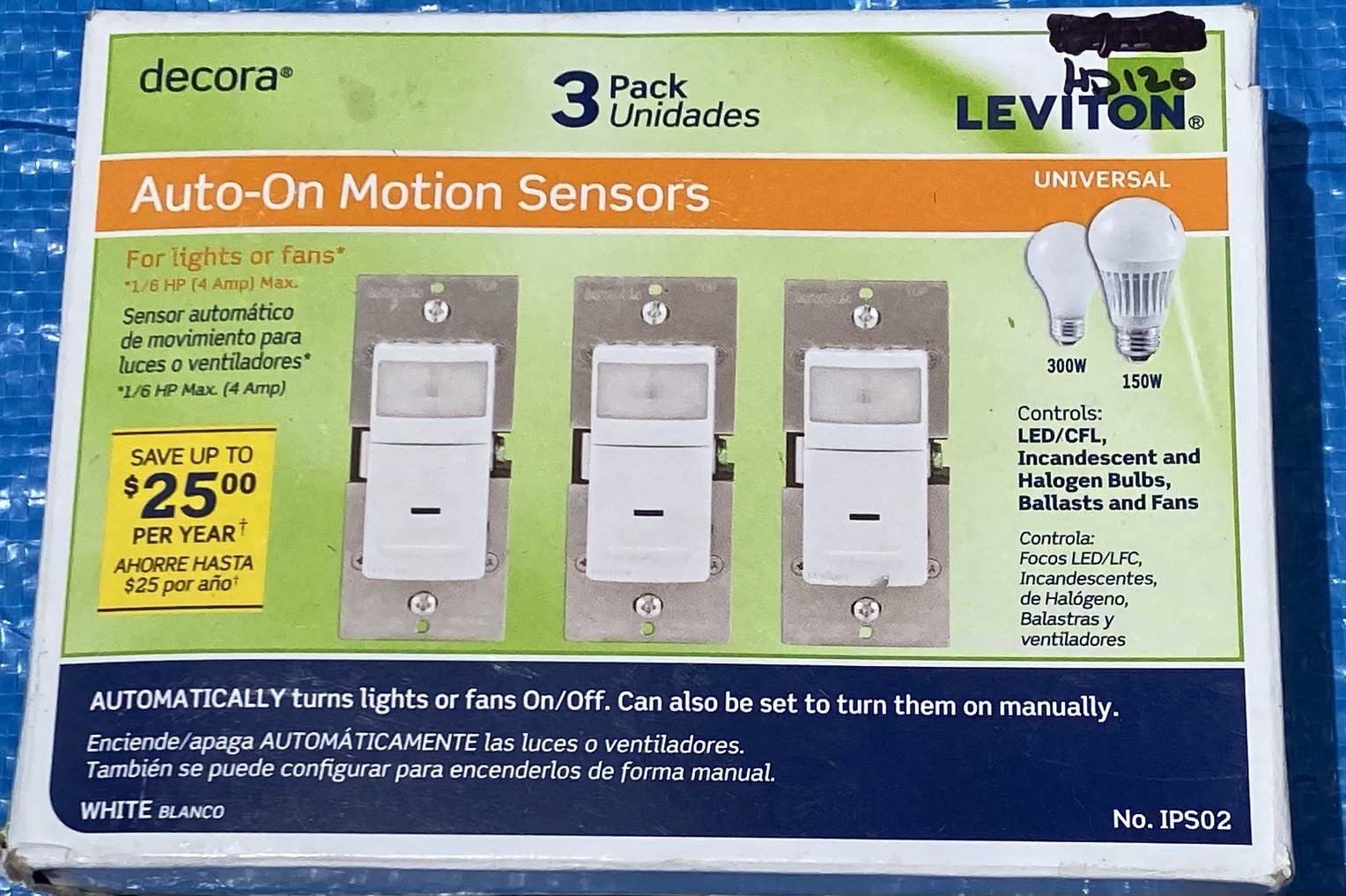 LEVITON decora 3 Pack IPS02 Auto-On Motion Sensor Wall Switch, White