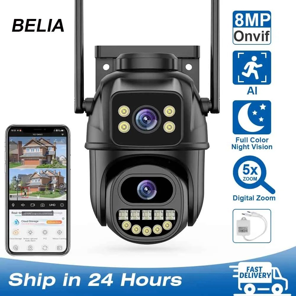 4K 8MP WiFi PTZ Security Camera Dual Lens 4X Zoom AI Human Detect Outdoor