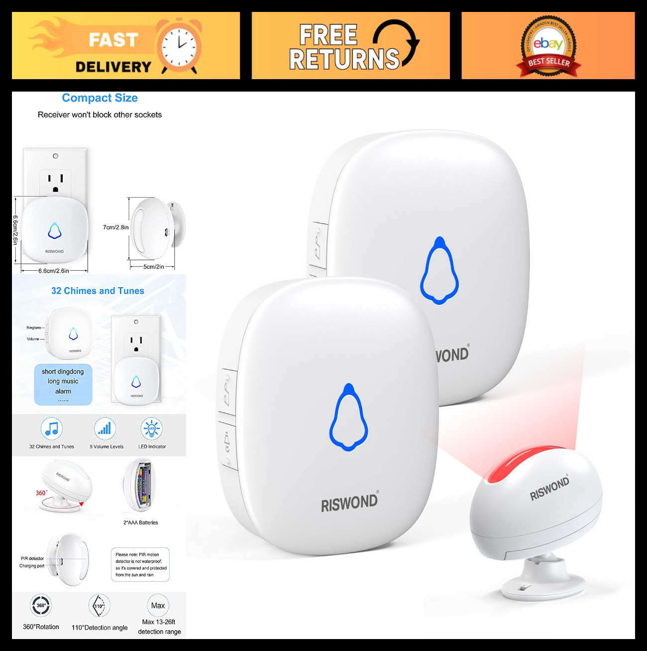 Wireless Motion Sensor Door Chime – Indoor Entry Alarm, 1000ft Range, 32 Tunes,