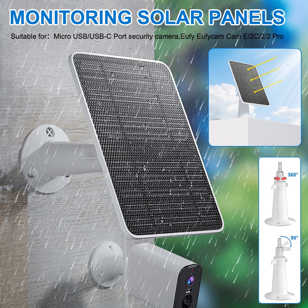 10W Solar Panel Charger for Security Camera Waterproof & Adjustable Wall Mount
