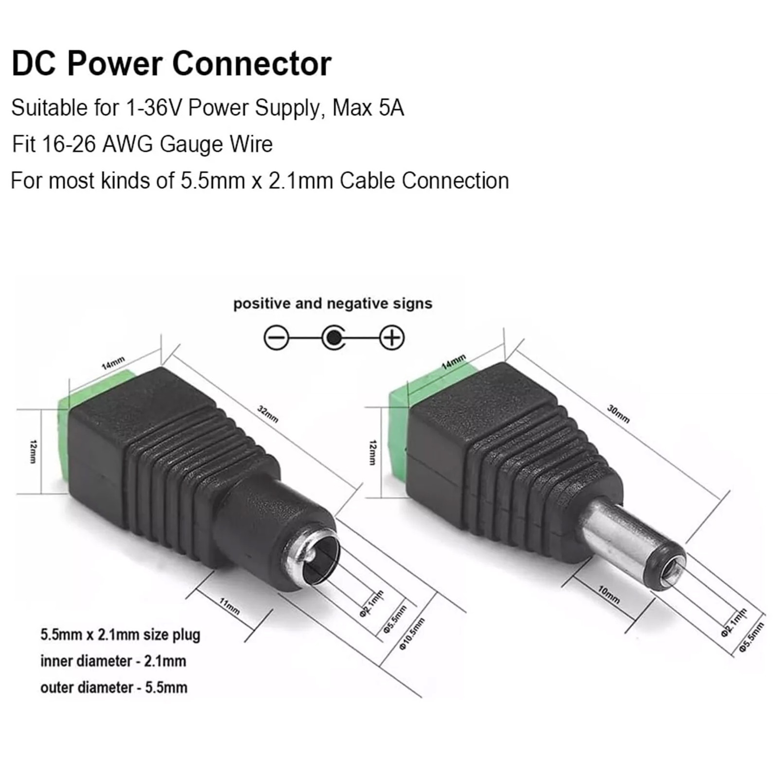 100Pairs Male Female 2.1×5.5mm DC Power Plug Jack Adapter Connector for CCTV Lot