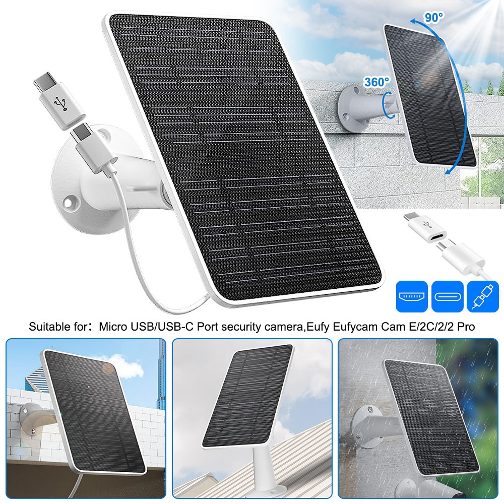 10W Waterproof Solar Panel for Micro USB & USB-C Port Security Camera 3m Cable