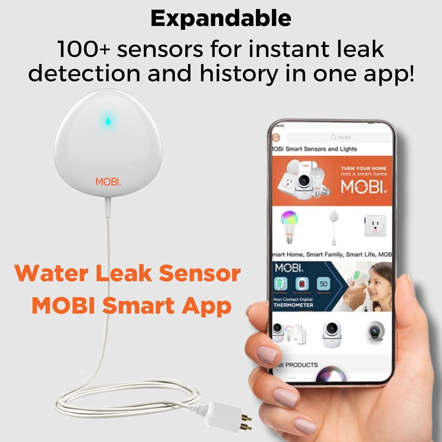 MOBI Smart Wifi Water Leak Detector, App Alerts, Flood Sensor Alarm with 48” Ext