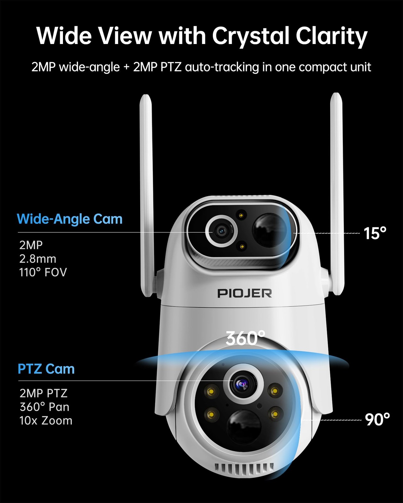 PIOJER Solar Security Camera Wireless Outdoor Dual-Lens 2K(2MP Wide-Angle & 2…