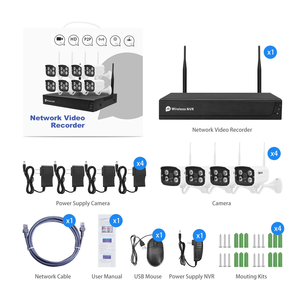 Tuya Alexa Wireless Security Camera System 1080P 4Pcs 8CH NVR 1TB HDD Outdoor