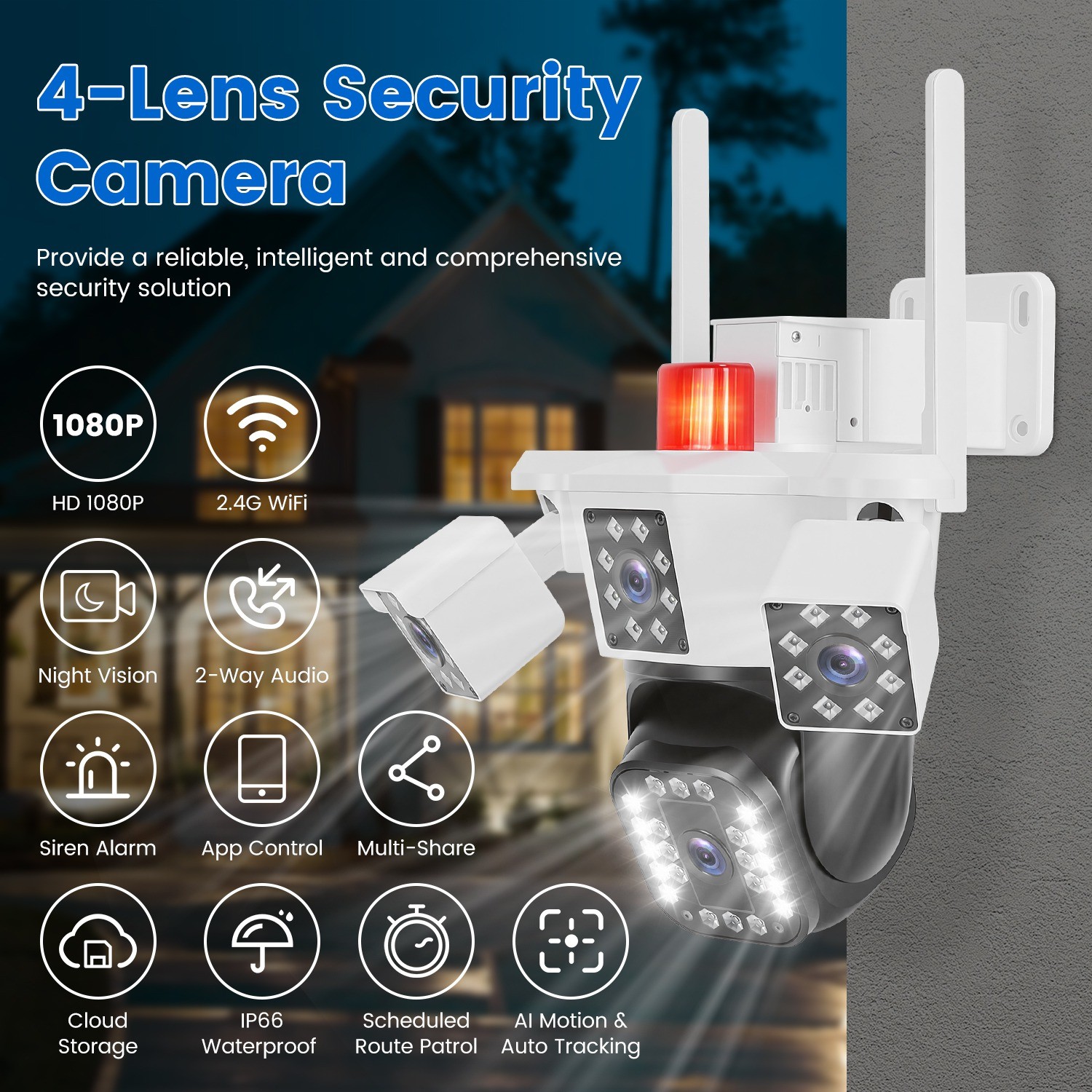 4-Lens Security Camera 360° View WiFi Pan&Tilt Color Night Vision Remote