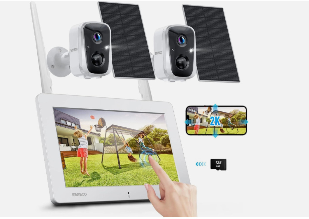 SANSCO 2K Solar Wireless Security Camera System with 4CH 7″ Touchscreen Monitor