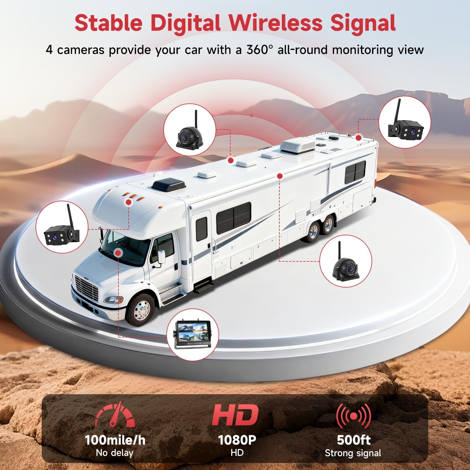 Wireless RV Backup Camera System, 9″ 1080P DVR Monitor with 45*11*28CM, black