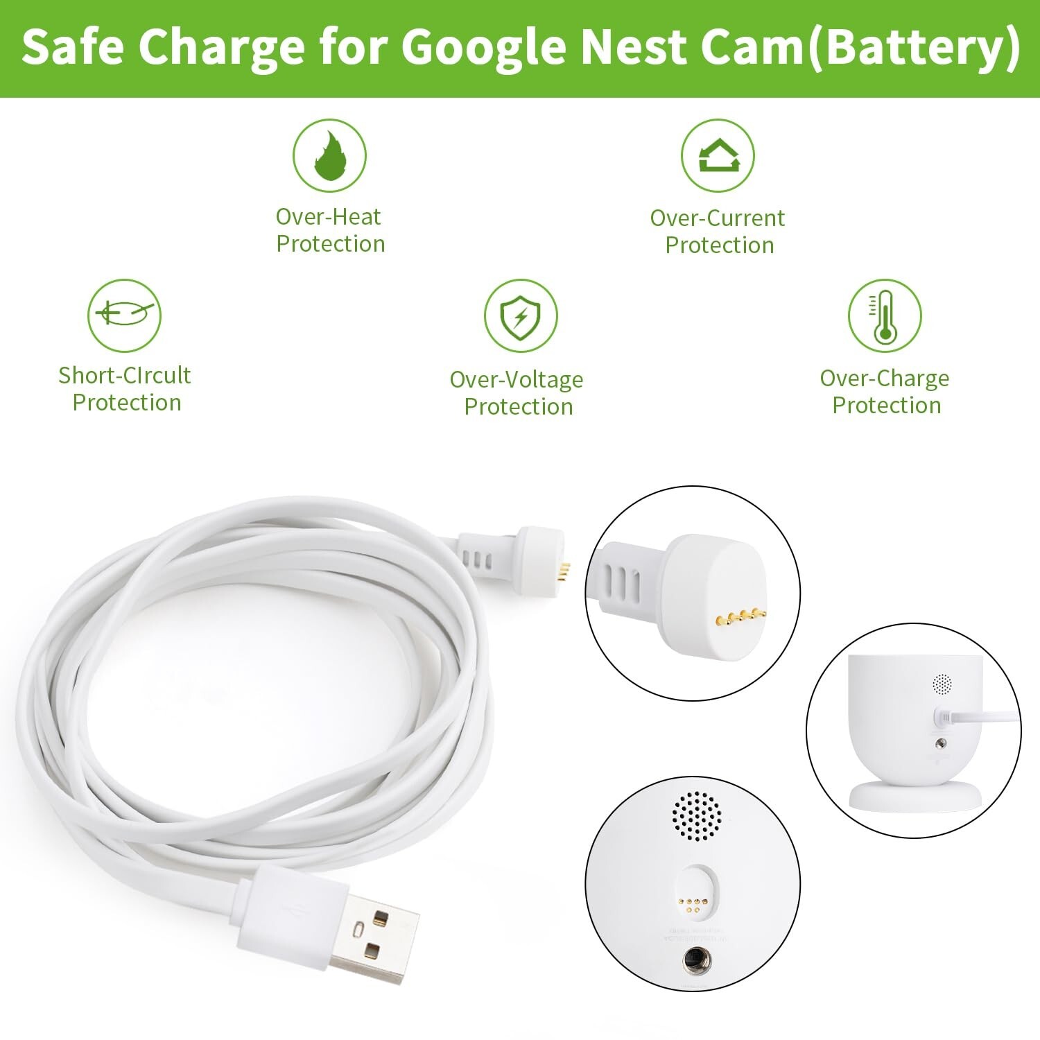 Power Adapter for Google Nest Cam Outdoor or Indoor, Battery – 10ft/3m Flat W…