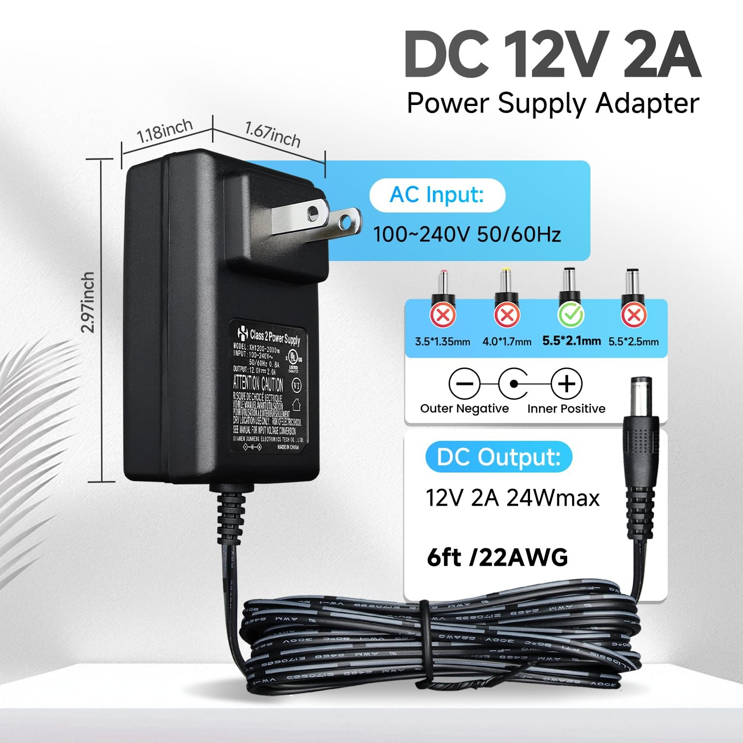 UL Listed 12V 2A Power Supply AC Adapter with 8 Tips, 12 Volts 12V2A+8 Tips