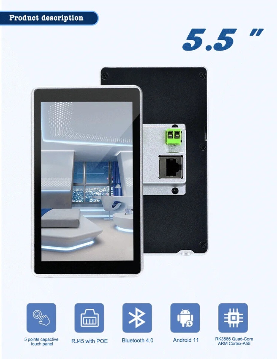 In-Wall 5.5 inch Aluminum Frame Android RK3566 Quad-Core Touch Control Panel