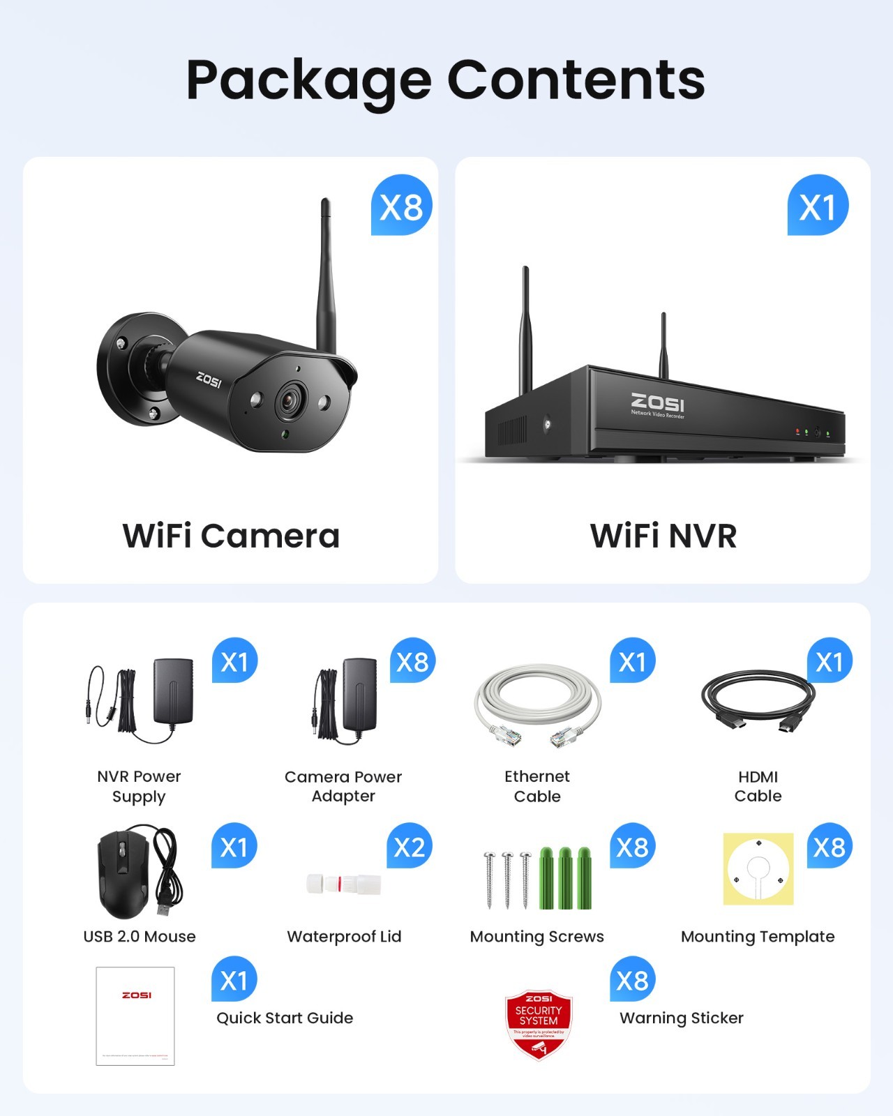 ZOSI H.265+ 8CH wireless security 3MP 2k wifi Outdoor camera system 1TB HDD