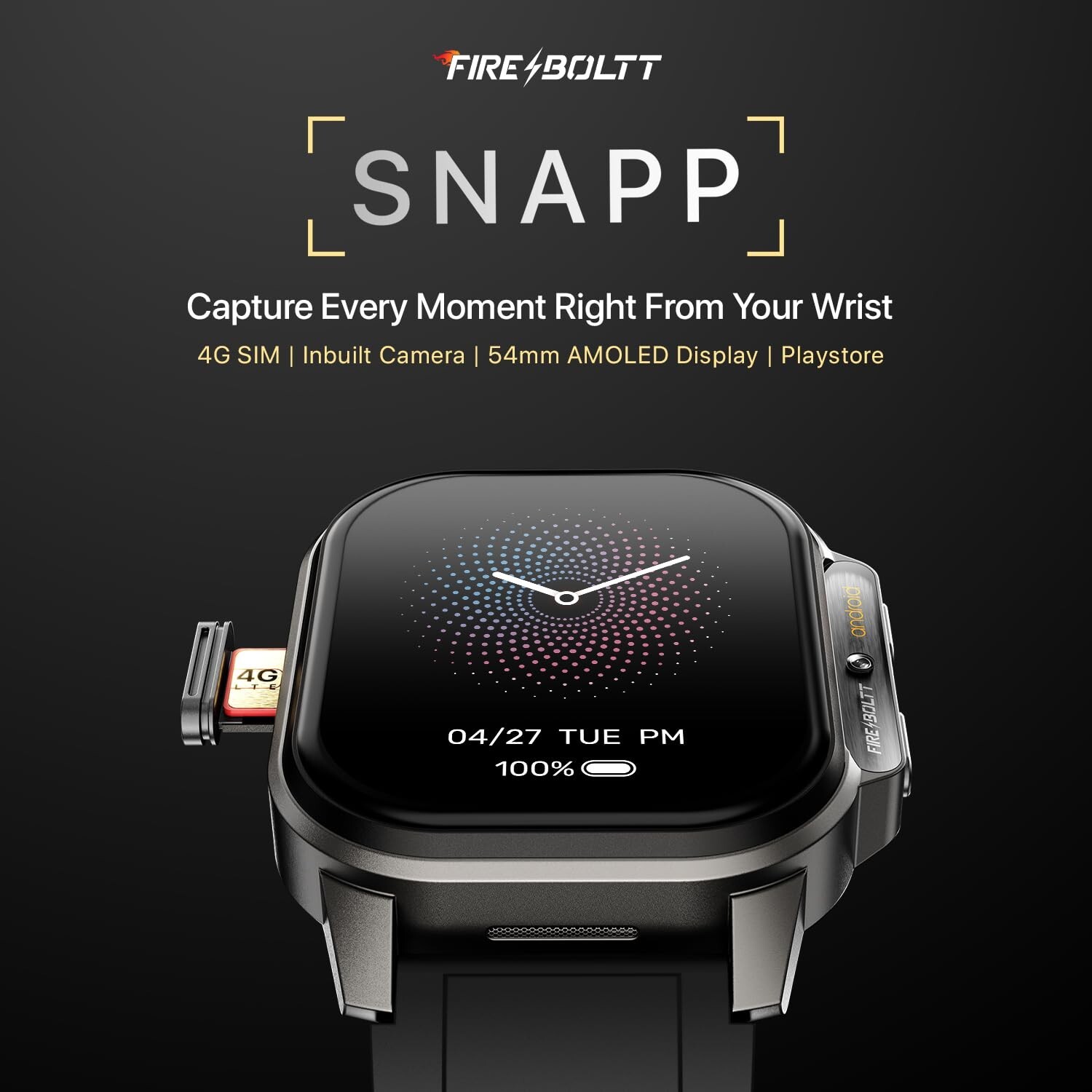Fire-Boltt Clickk 54.1mm Smart Watch, Selfie Camera, 4G Nano-SIM 2GB/16GB 1000mA