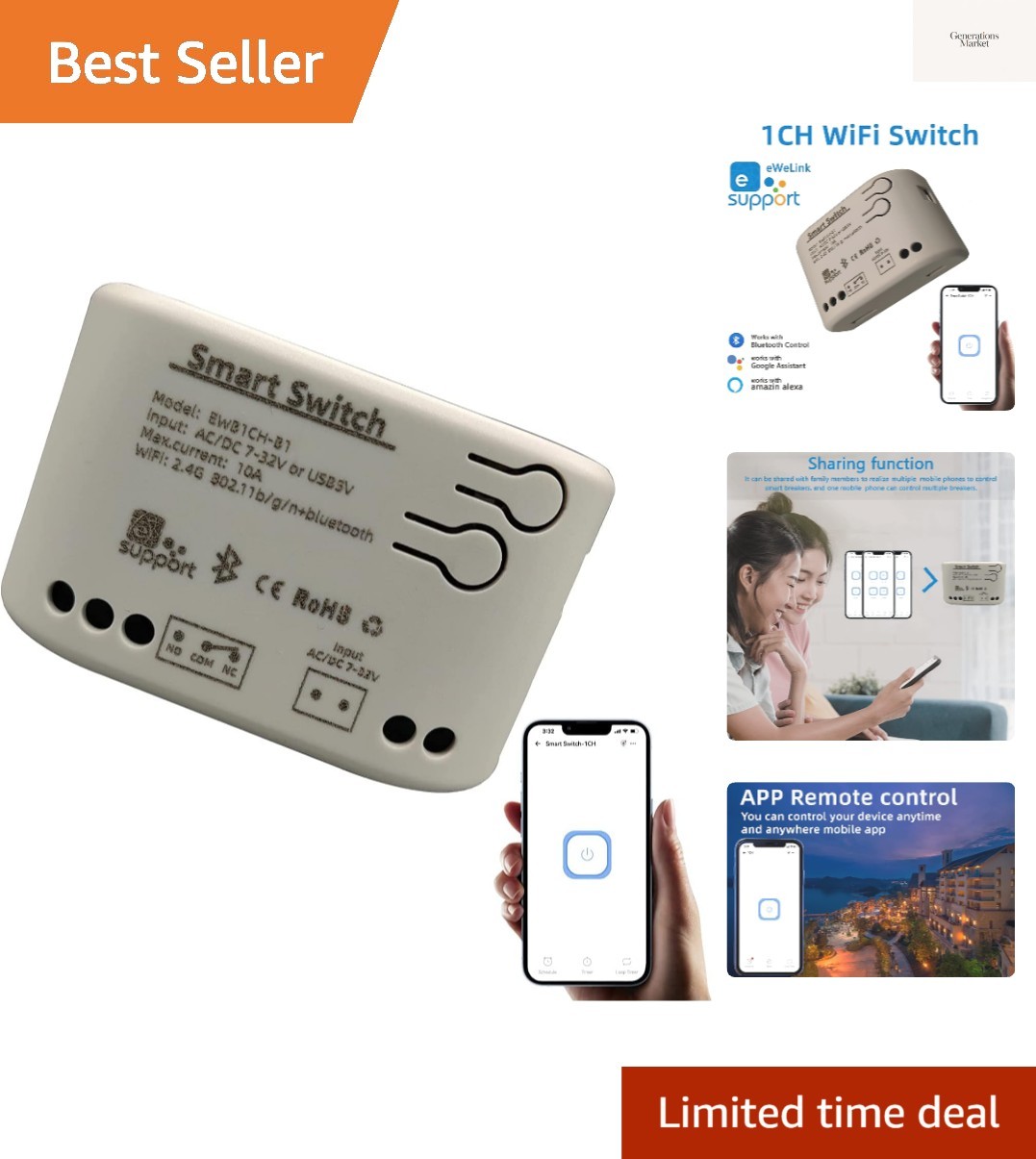 Smart Switch Momentary/Latching WiFi Relay, eWeLink App Bluetooth Control Swi…