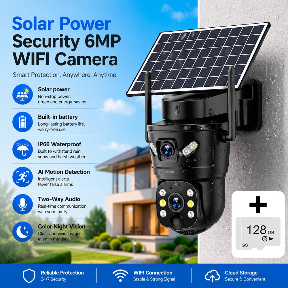 6MP Solar Camera WIFI Solar Panel Dual Lens Camera Home Security Cam + 128G Card
