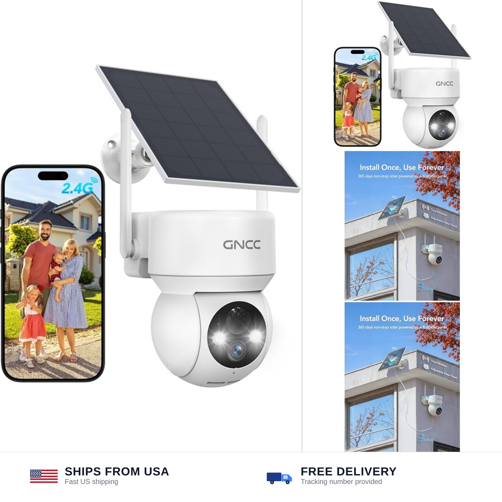GNCC Solar Security Cameras Wireless Outdoor 2.4G WiFi, SD/Cloud Storage | So…
