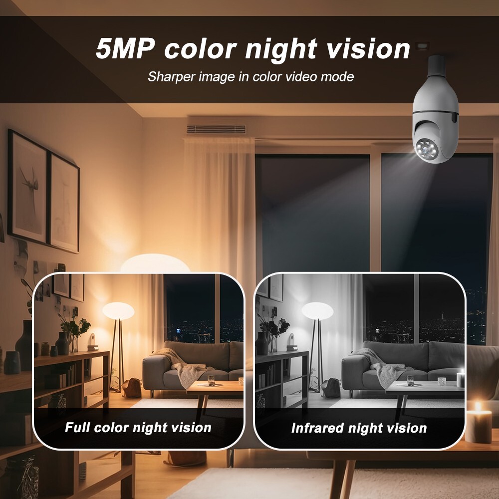 8PCS Light Bulb Security Camera 5MP WIFI 360° Color Wireless IR Motion Audio